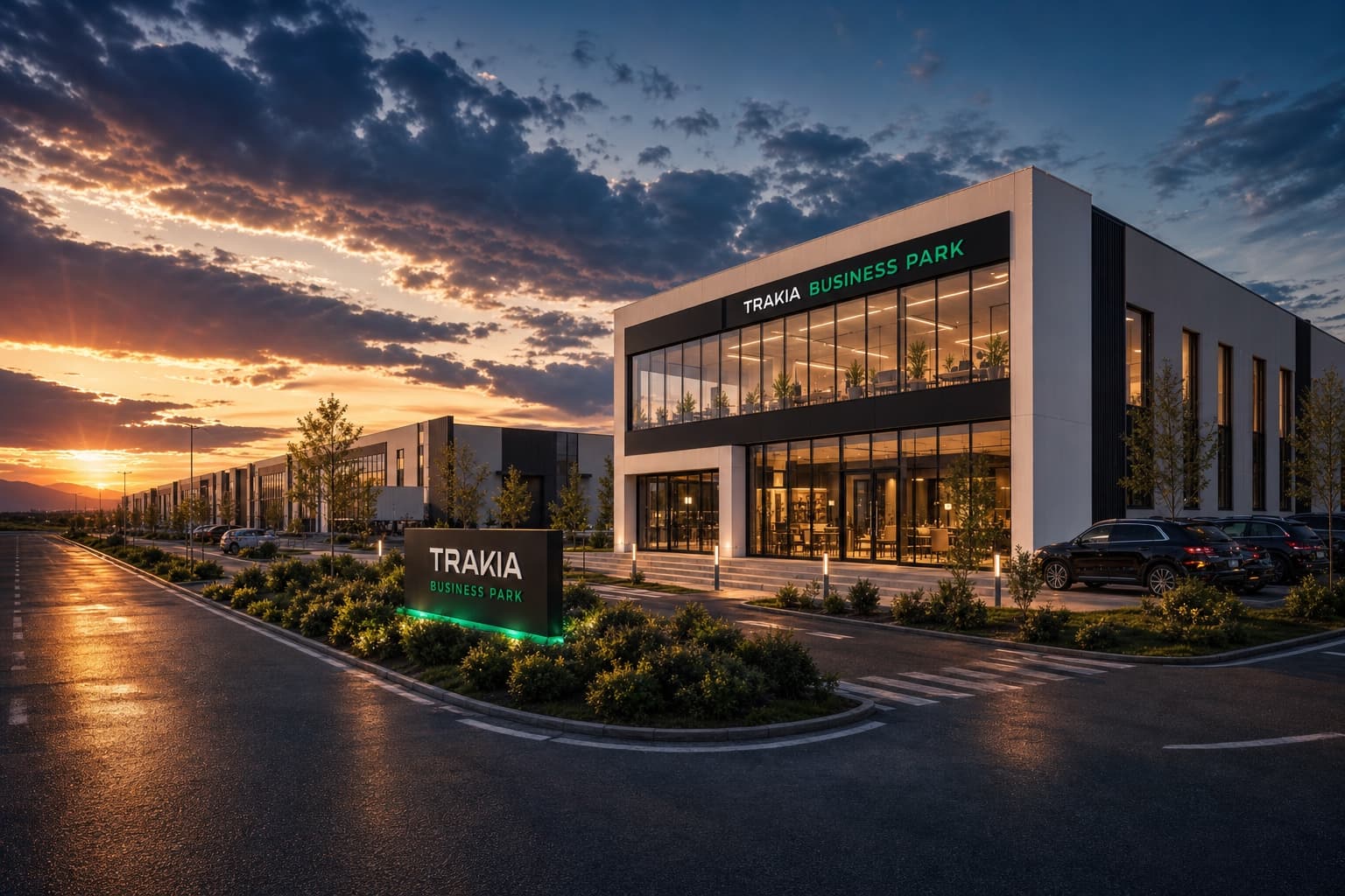 Trakia Business Park at dusk - glowing showrooms and entrance.