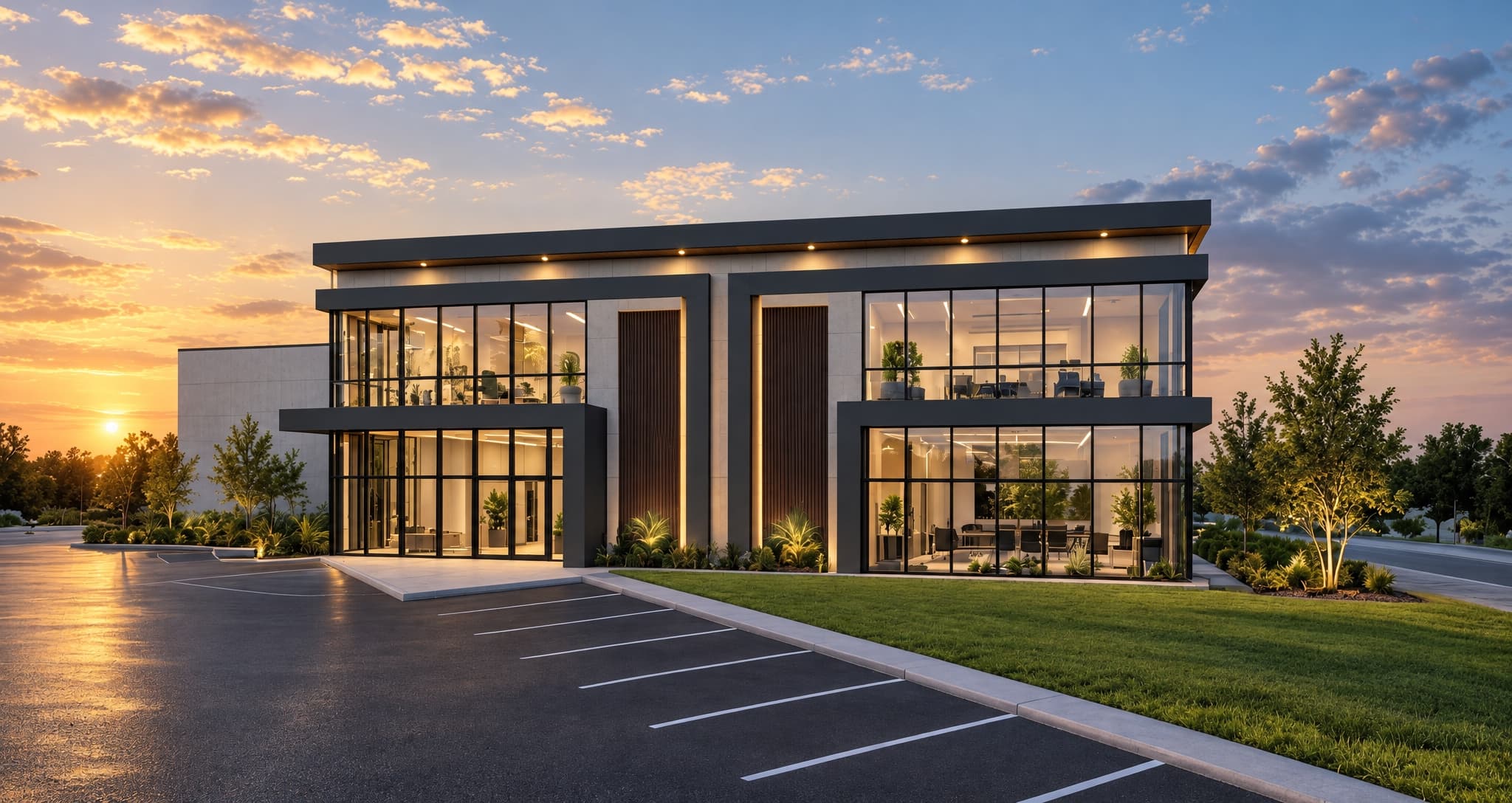 Modern business building in an industrial zone at sunset.