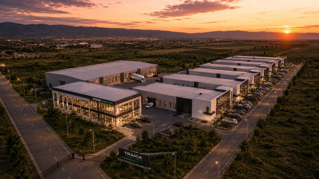 Trakia Business Park от птичи поглед при залез.