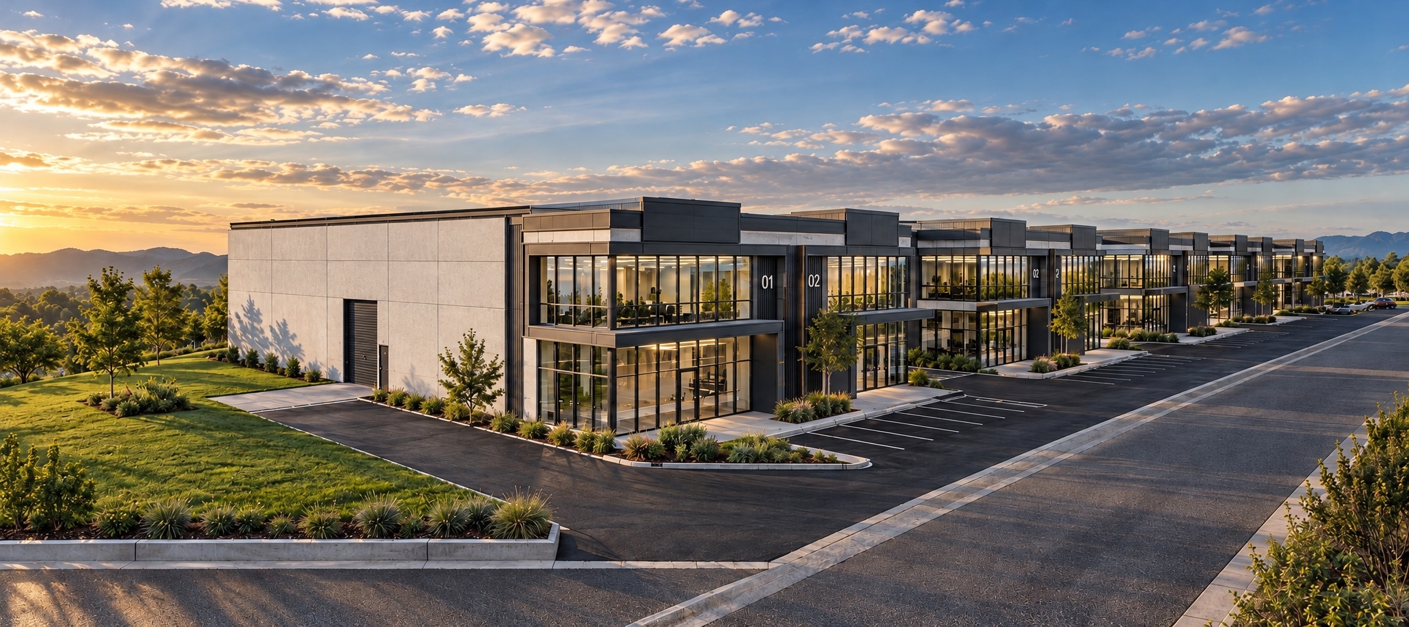 Trakia Business Park от птичи поглед при залез.